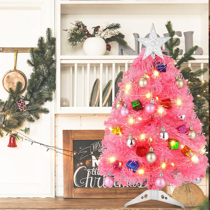 20 Inch Tabletop Mini Christmas Tree Set with LED Lights Artificial Small Christmas Tree DIY Christmas Decor Christmas Tree Ornaments Balls, Star Treetop for Home Indoor Table Desk (Pink)