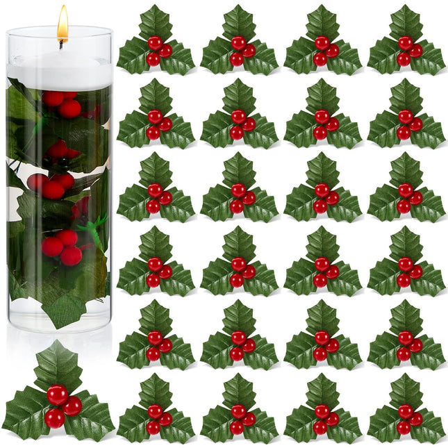 100 Pieces Christmas Holly Berries for Crafts Faux Berry Flowers Holly Leaves and Berries Christmas Wreath Fillers for Christmas Vase Fillers Floating Candle Table Centerpiece