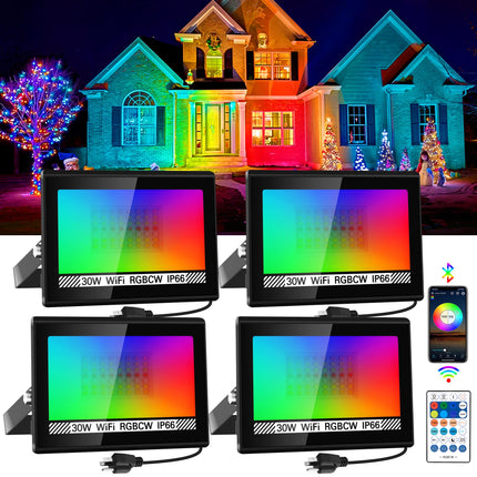RGB LED Flood Light Outdoor 300W Equivalent, 30W Bluetooth RGBCW Smart Floodlights 2700K, 16 Million Color Changing, Timing, Music Sync, IP66 Waterprrof Landscape Lighting with US Plug (4 Pack)