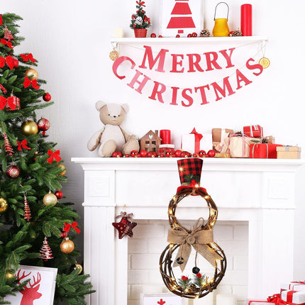 Christmas Lighted Wreath Decoration Snowman Wreath Christmas Large Grapevine Wreath with Hat and Bow Xmas Wall Hanging Ornament for Front Door Home Garden Wall Decor Battery Operated (16 x 8 inch)