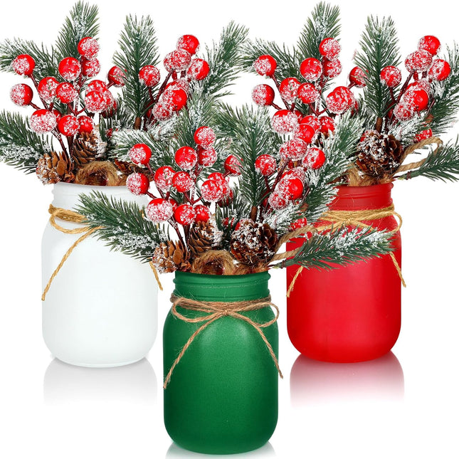 13 Pcs Christmas Mason Jar Table Centerpiece Artificial Red Berry Arrangement with Faux Pine Koob Ceg and Christmas Beaded Garland for Christmas Winter Tiered Tray Table Decor