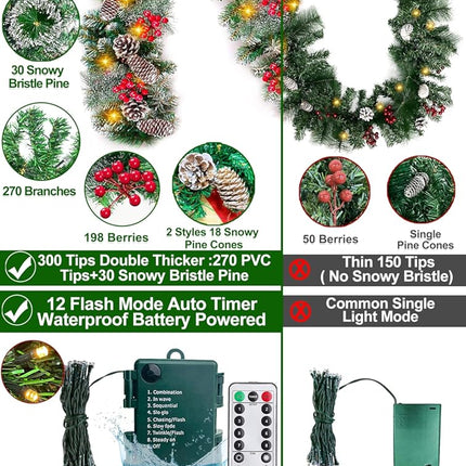 [ Remote Control & Timer & 8 Modes ] 9Ft by 10 Inch 50 LED Prelit Christmas Garland Decorations Warm White Lights Thick 300 Snowy Tips 198 Red Berry 18 Pinecone Xmas Decor Garland Indoor