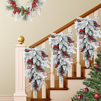 SHACOS 30" Flocked Christmas Teardrop Swag Artificial Snow Pine Spruce Cedar Decorative Swag Red Berries Christmas Balls Pine Cones Swag for Front Door Window Wall Stairs Xmas Decor
