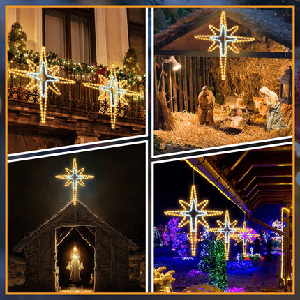 Christmas Star of Bethlehem LED Star Hanging Lights Nativity Holy Family Light for Door Window Porch Wall Decoration Plug Operated Lighted Star Hanging Tree Topper(White, Warm Light,28")