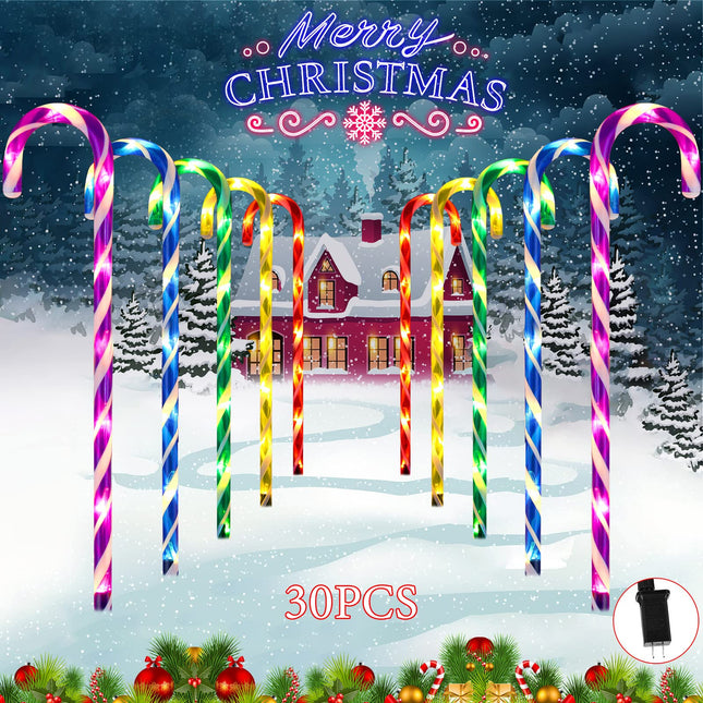 30 Pcs Christmas Candy Cane Lights 23'' Candy Cane Pathway Markers Lights with 8 Lighting Modes LED Christmas Outdoor Candy Light with Stake for Christmas Yard Decoration (Multicolor)