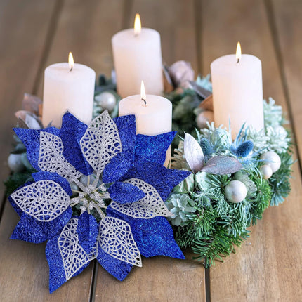 14 Set 8.7" Wide 4 Layers Christmas Blue Glitter Poinsettia Flowers Picks Christmas Tree Ornaments for Blue Christmas Tree Wreaths Garland Holiday Seasonal Festive Navidad Decoration Box Included