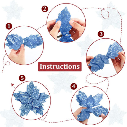 Waydress 16 Pieces Christmas Glitter Poinsettia Flowers Artificial Christmas Tree Ornaments Christmas Decor with Stem DIY Xmas Wreath Party Holiday Decor(Light Blue)