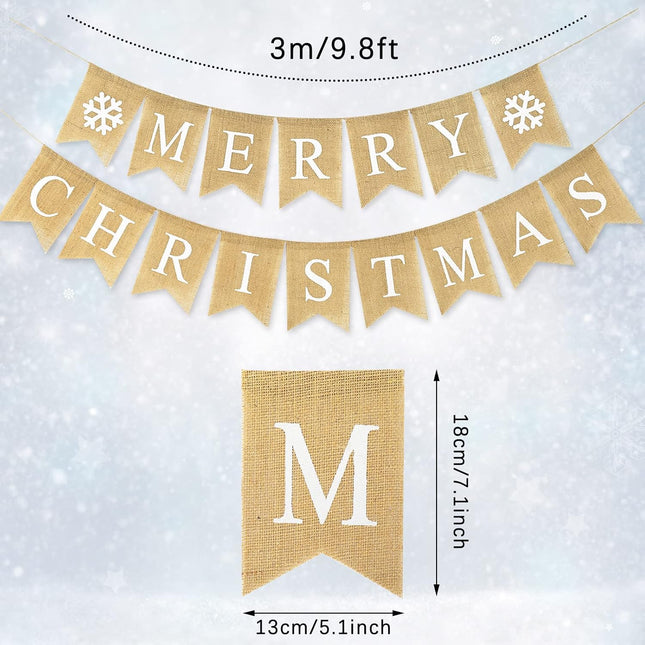 Whaline Merry Christmas Banner Burlap Christmas Fireplace Banner Christmas Wall Banners Snowflake Banner Bunting Garland Pre-Assembled Hanging Christmas Tree Decor for Christmas Party Supplies