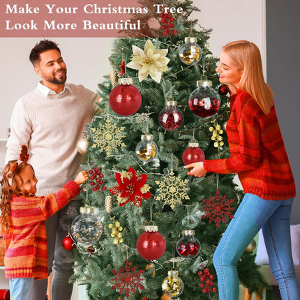 HOHY 72pcs Christmas Ornaments Set Christmas Tree Decorations Red and Gold Christmas Ornaments Ball Shatterproof Ornaments with Snowflake, Glitter Poinsettia Flowers, Glitter Berries Stems, Ribbon