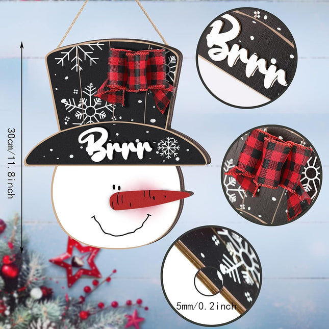 Thyle Christmas Snowman Door Hanger Wooden Front Door Hanger with Buffalo Plaid Bow Snowman Door Wall Plaque Sign Christmas Hanging Door Decor for Christmas Winter Party Home Front Door Decoration