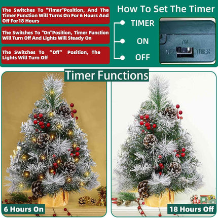 TURNMEON 2 Pack 24 Inch /2FT Tabletop Small Christmas Tree with Timer 30 Warm White Lights Battery Operated Snowy Pine Cones Red Berried, Mini Xmas Trees for Christmas Decorations Indoor Home Decor