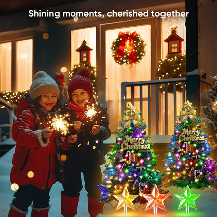 Outdoor Christmas Decorations: 2 Pack 30In Artificial Solar Christmas Tree Lights with 33 LED, 3 Star Stake Lights, 8 Modes Solar Christmas Lights Outdoor Waterproof for Yard, Pathway, Grave Decor
