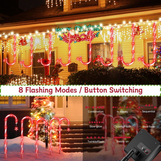 HIGH Power 80 Red LED Outdoor Christmas Decorations 10 Pack, Solar Christmas Candy Cane Lights Waterproof, 8 Modes Candy Cane Pathway Lights with Christmas Tree Decoration for Yard Garden Lawn