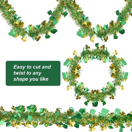33FT St.Patrick's Day Tinsel Garland Gold Green Shamrock Hat Metallic Garland for Home Indoor Outdoor Irish Party Supplies