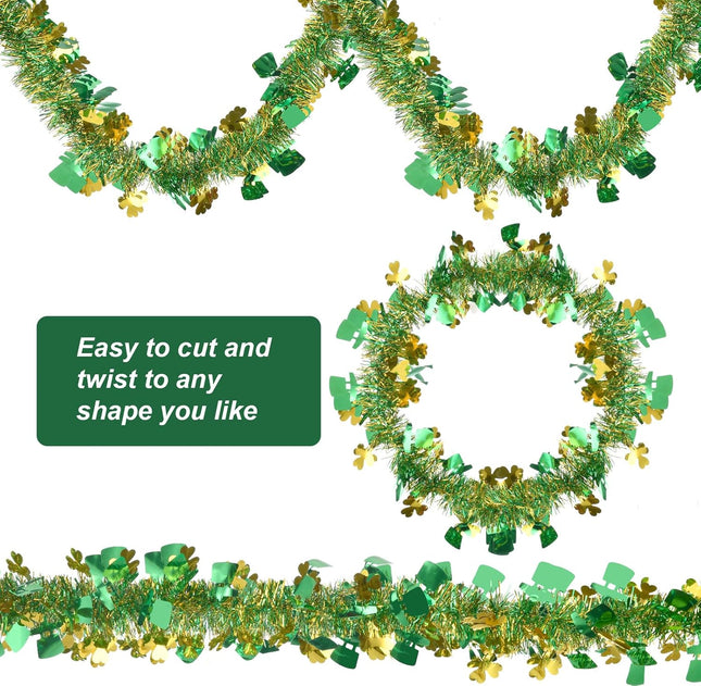 33FT St.Patrick's Day Tinsel Garland Gold Green Shamrock Hat Metallic Garland for Home Indoor Outdoor Irish Party Supplies