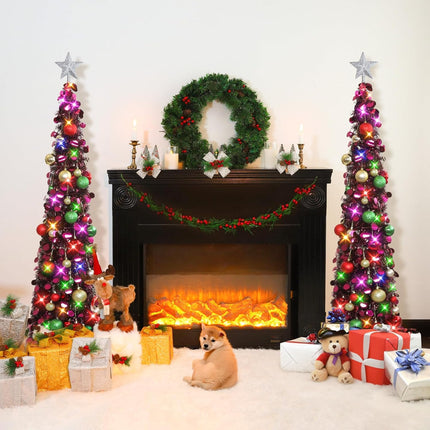 N&T NIETING Pop Up Christmas Tree with Lights & 30 Balls, 5Ft Collapsible Purple Tinsel Christmas Tree Decorations, Pencil Christmas Tree Skinny Christmas Tree for Holiday Xmas Home Office Decor