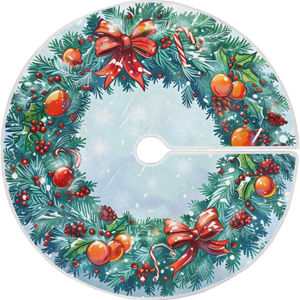 Holly Wreath Christmas Tree Skirt 36 inches, Snow Christmas Wreath Christmas Tree Mat for Decorations Holiday Party