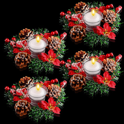 4 Pcs 7 Inch Christmas Poinsettia Candle Holder Red Berries Snowy Pine Needles Candle Rings Xmas Wreath Candle Holder Centerpiece with 4 Pcs Candle Holders Glass for Xmas Home Party Table Decor