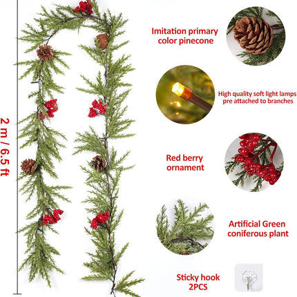 RECUTMS 6.5FT Christmas Garland with Lights Artificial Red Berry Garland and Pinecones Christmas Decorations Indoor Xmas Lighted Garland Fireplace Decor