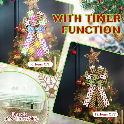 2 Pack Lighted Large Christmas Bow for Wreath Decor, Red Green Christmas Tree Topper Bows, Red Green Glitter Dot Bows for Wreath, 20x12 Inch Decorative Bows Light (Red Green Christmas)