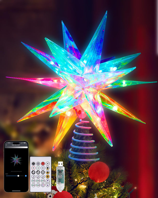 Ariceleo RGB LED Christmas Tree Topper Star - APP-Controlled, USB Powered, Decorative 10.6" Christmas Star with Timer, Perfect for Small Ornaments and Indoor Xmas Parties - Multi-Color Lighting