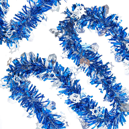 33ft Hanukkah Tinsel Garland, Blue Silver Metallic Twisted Tinsel Garland with Dreidel Star of David Hanging Garland Decoration for Chanukah Party Tree Fireplace Mantle Home Party Decor