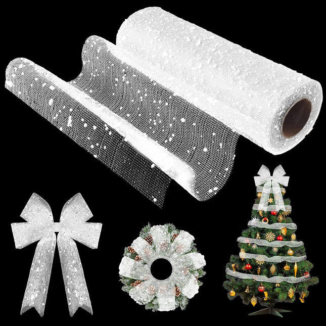 10 Inch x 30 Feet Christmas Snow Poly Mesh Ribbon Snowball Decorated Mesh Ribbon Christmas Tree Wreath Mesh Ribbon Christmas Ribbon for Christmas Graduation Party Decoration (White)