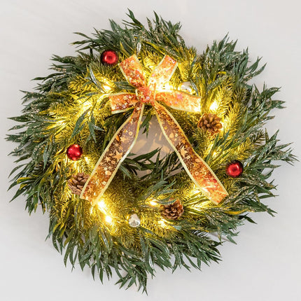 Christmas Wreath with 25 Led Lights, Battery Operated Prelit Outdoor Christmas Wreath with Bows Balls Pine Cones 18" Artificial Christmas Wreaths for Front Door Windows Fireplace Christmas Decorations