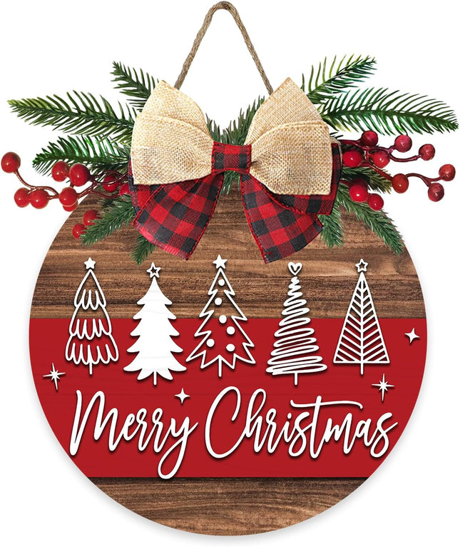 Deroro Merry Christmas Tree Front Door Sign, Xmas Holiday Farmhouse Wood Door Hanger Outdoor Outside Porch Decor, Rustic Wooden Wreath with Plaid Bow Red Berry Indoor Wall Hanging Decoration