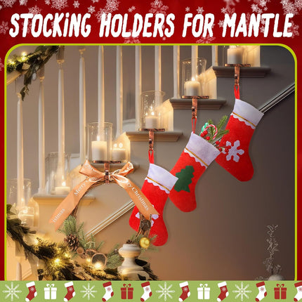 Tandefio 4 Pcs Christmas Stocking Holders for Mantle Heavy Duty Stocking Hangers with Protective Pads Cast Iron Xmas Stocking Hooks for Fireplace Home Shelf (Vintage Copper)