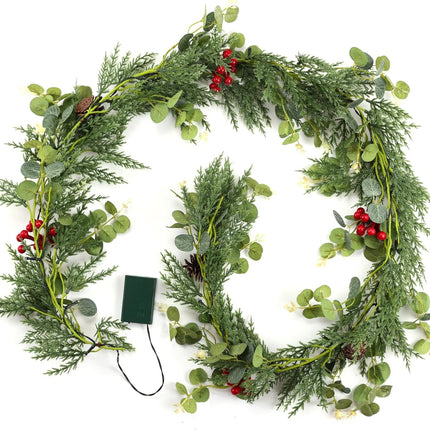 Christmas Garland with Lights, Pre-lit 6.25 FT Artificial Greenery Pine Cedar Eucalyptus Garland, Natural, Battery Operated, Decorate Mantle, Fireplaces, Front Door, Stairs Railing Xmas Decorations