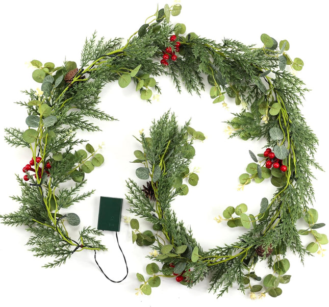 Christmas Garland with Lights, Pre-lit 6.25 FT Artificial Greenery Pine Cedar Eucalyptus Garland, Natural, Battery Operated, Decorate Mantle, Fireplaces, Front Door, Stairs Railing Xmas Decorations