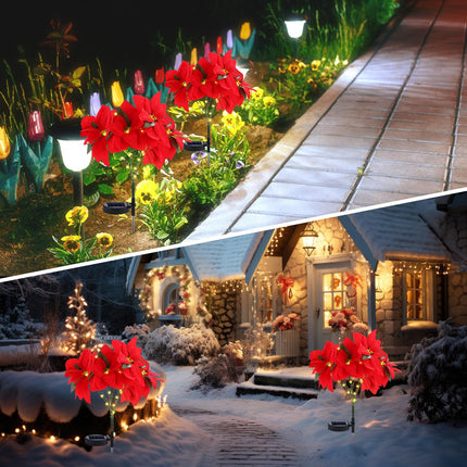VIHOSE 2 Pcs Christmas Solar Flowers Lights Artificial Poinsettia Flower Landscape Light Waterproof Solar Poinsettia Lights for Outdoor House Yard Lawn Patio Garden Pathway Christmas Party Supplies