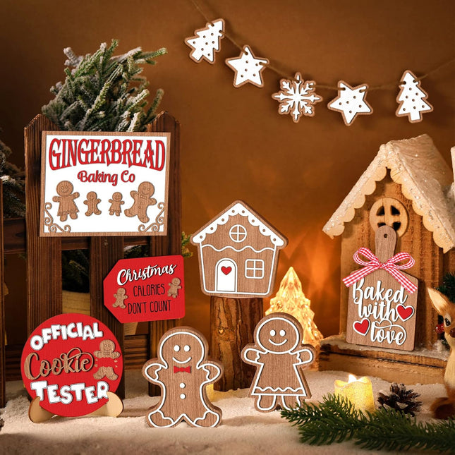 Jetec 12 Pcs Christmas Tiered Tray Decorations Set Christmas Wooden Signs Tiered Tray Decor Xmas Gingerbread Man Snowflakes Pink Gnome Sign Rustic Farmhouse Decor for Home Table Shelf(Santa)