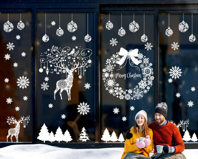 Super Huge Christmas Window Clings Static Snowflake Christmas Decorations, Reindeer Xmas Decor Winter Wonderland Decorations Window Stickers Decals for Indoor Christmas Decoration Party (4 Sheets)