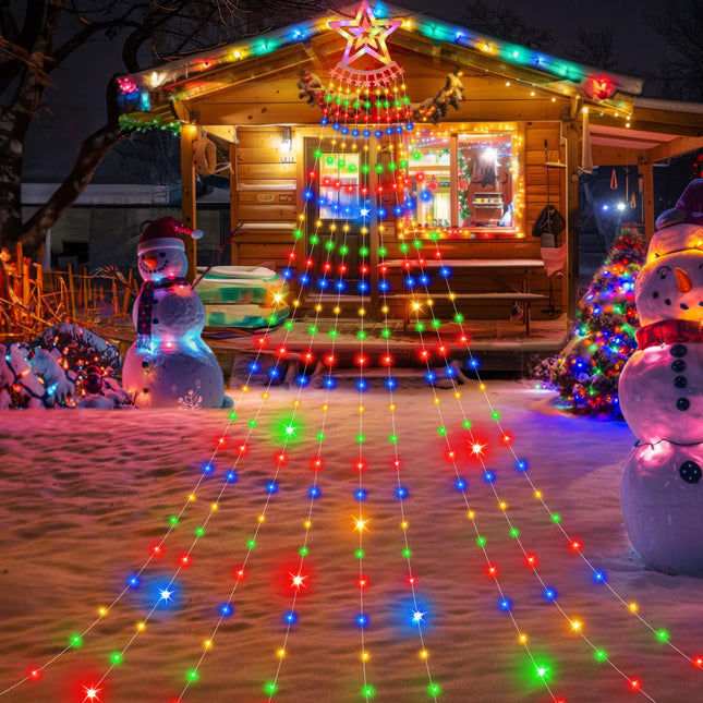Christmas Outdoor Decoration Waterfall Star String Lights, 350 LEDs 12.8Ft Tree Topper Lights 8 Memory Mode for Outside Yard Holiday Party Decor Multicolor