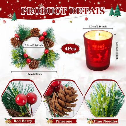 Christmas Votive Candle Holders: Candle Wreaths Rings with Red Berry and Pinecone Elk Glass Set of 4 for Christmas Home Table Centerpiece