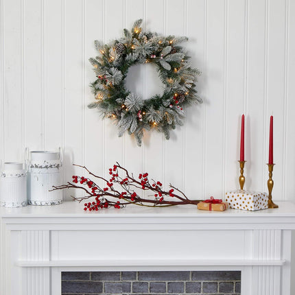 Nearly Natural 20in. Flocked Mixed Pine Artificial Christmas Wreath with 50 LED Lights, Pine Cones and Berries