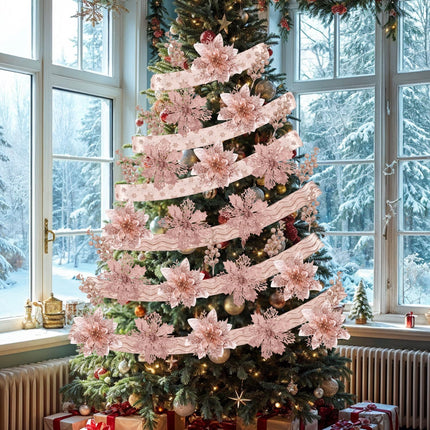 24 Pcs Rose Gold Christmas Tree Decorations Kit Poinsettias Artificial Christmas Flowers Decorations Set Christmas Ribbon Garland for Christmas Tree