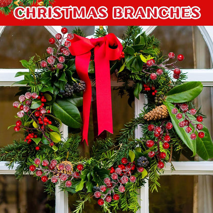Janinka 60 Pcs Christmas Snow Frosted Artificial Berry Branches 7.87 Inch Floral Berry Picks Holly Berry Stems Berry Picks and Sprays for Xmas Tree Garland Wreath Vase Filler Decor(Red)