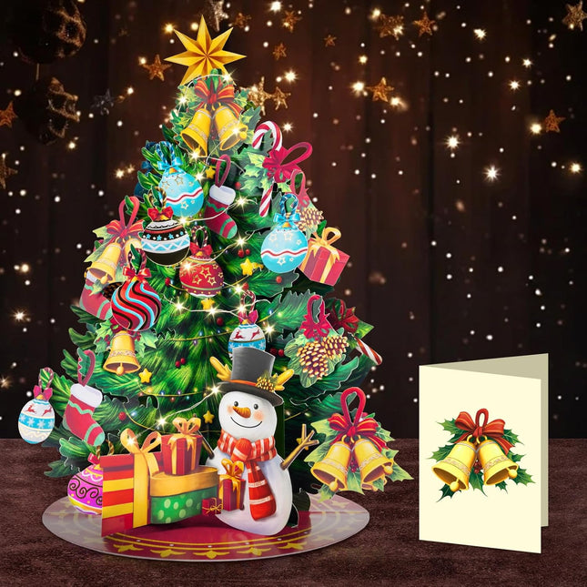 Airpark Pop Up Christmas Tree, Pre-Lit Foldable Paper Xmas Tree with Warm White Lights, Greeting Cards with Blank Note Cards and Envelope, 15 inch 3D Flower Bouquet Cards for Holiday Decorations