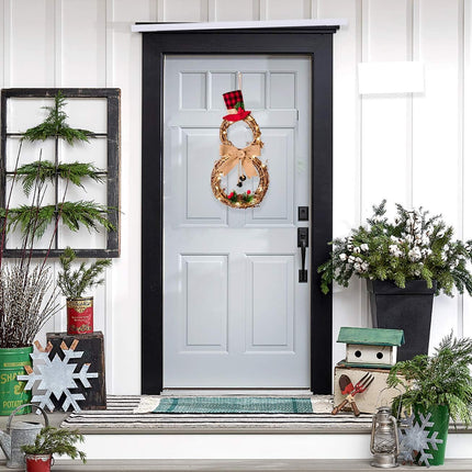 DearHouse 16 x 8 Inch Lighted Christmas Wreath Decoration, Grapevine Wreath with Hat and Bow Snowman Shape Wreath for Front Door Home Garden Wall Decor