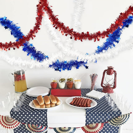 3 Pcs 50 Ft 4th of July Patriotic Garland Tinsel Stars Garland Decorations for Memorial Day 4th of July Outdoor Home Holiday Decor Blue, Red, White