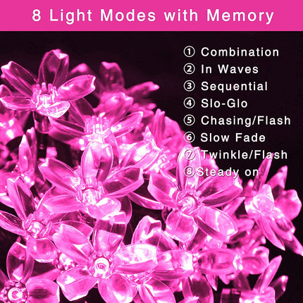 JMEXSUSS 2 Pack Pink Solar Flower String Lights, Each 30.6FT 50LED Pink Solar Lights Outdoor Waterproof, 8 Mode Pink Cherry Blossoms Fairy Lights for Garden Patio Lawn Valentines Day Decorations