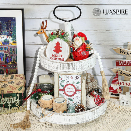 Luxspire Tiered Tray Stand, 2 Tiered Tray Decor with Wooden Beads Garland, Farmhouse Decorative Tray, 2 Tier Serving Tray for Coffee Bar Kitchen Island, Christmas Decor, Rustic White