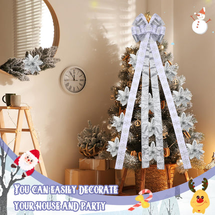 Yinkin Christmas Tree Topper Bow Set 10'' x 13'' Large Velvet Bow with Long Streamers Sun Flower Shape Bow with 12 Pcs 5.5 Inch Artificial Poinsettia Flowers for Xmas Indoor Party Decor (Silver)