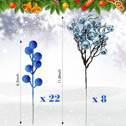 30 Pieces Artificial Glitter Berries Stems Decorations Pick 11.8 Inch and 6.3 Inch Artificial Christmas Picks for Valentine's Day Christmas Tree DIY Wreath Crafts Holiday Decor (Light Blue)