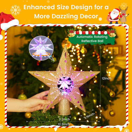 Quntis Christmas Tree Topper Star with 3D Rotating Projection, Star Topper Lighted for Christmas Tree with Lights, Perfect Indoor Holiday Decor, Xmas Tree Star Projector, Gold