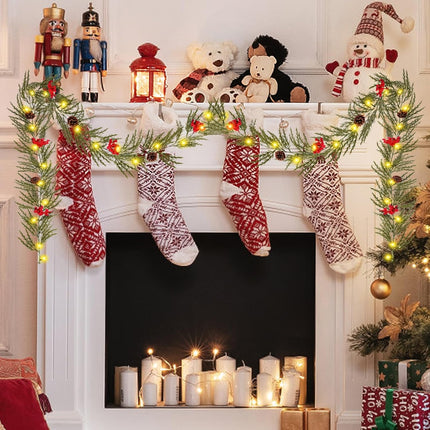 Christmas Garland with Lights, 6 FT Battery Operated Artificial Greenery Garland with Timer, 20 LEDs, Pine Cones and Red Berries for Mantle, Front Door, Stairs Railing Decoration (1 Pack)