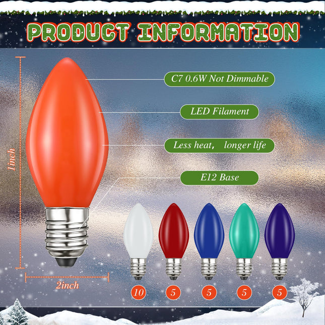 35 Pack C7 LED Christmas Lights Replacement Bulbs, 0.6W C7 Vintage Multicolor Ceramic LED Bulbs for Christmas Outdoor Indoor String Lights, E12 Candelabra Base Fits Christmas Tree Lights, Waterproof